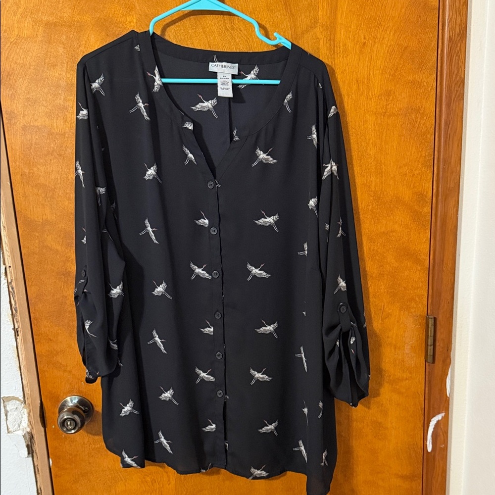 Catherines Black Bird-Print Button Front Tunic Top